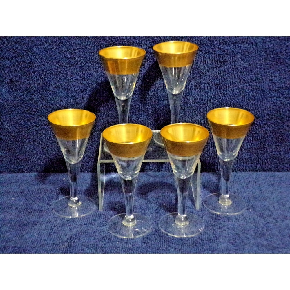 Vintage Dorothy Thorpe 22K Communion Glasses Thick Gold Rim Clear Stem Set of 6